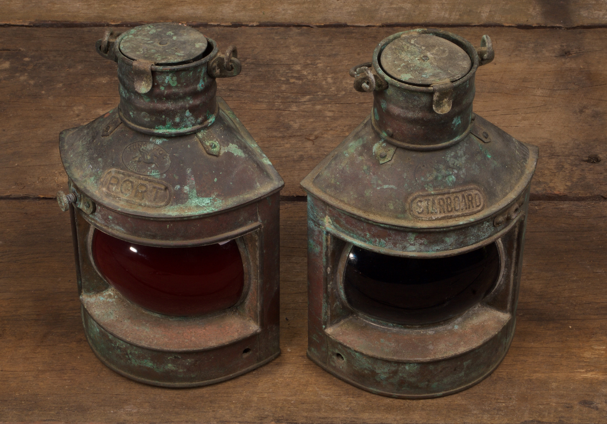  VINTAGE MATCHING PAIR OF CHINESE PORT & STARBOARD COPPER & BRASS LANTERNS